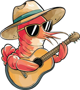 Naklejki A watercolor vector illustration of a cartoon shrimp animation. The shrimp is wearing a hat and sunglasses and is holding a guitar. The shrimp is isolated on a white background.