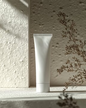 Mockup template of cosmetic tube cream 50ml on gray concrete stone background minimalist with dried flowers. Natural hard lighting and shadows