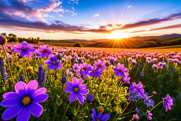 Obraz premium A vibrant field of purple flowers, with the sun setting in the background, casting a warm glow on the scene.