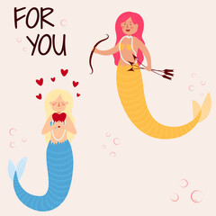 Vector illustration of mermaids of different races. Self-love concept, February 14