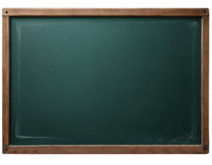 Empty green chalkboard with wooden frame, isolated on transparent background. AI generated.