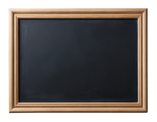 Empty black chalkboard with wooden frame, isolated on transparent background. AI generated.
