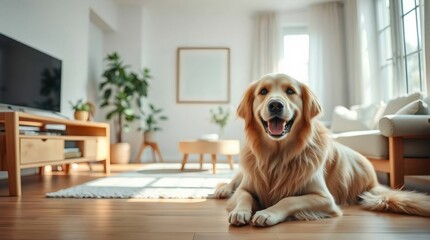 Golden Retriever in Cozy Living Room: A cheerful golden retriever relaxes in a warm and inviting living room, bathed in natural light.