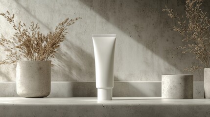Mockup template of cosmetic tube cream 50ml on gray concrete stone background minimalist with dried flowers. Natural hard lighting and shadows