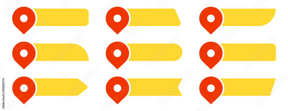 Fototapete collection of red and yellow pin text tag icons. map pin, pointer location with space for text vecto
