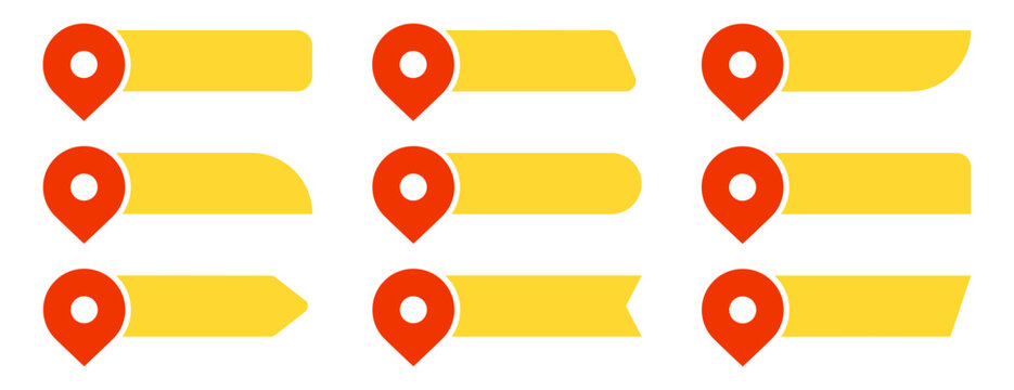 Collection of red and yellow pin text tag icons. Map pin, pointer location with space for text vector set
