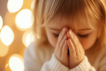 Fototapeta premium A young blonde child gently clasps their hands, lost in thought under soft atmospheric lights