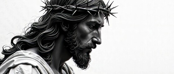 Jesus Christ Line Art Portrait - Black and White Thorns - Deep Mood