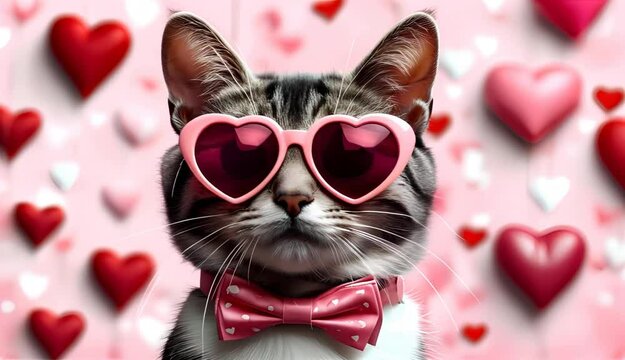 A cute cat wearing heart-shaped sunglasses, a heart-shaped collar, and bowtie against a Valentine&rsquo;s Day-themed hearts background