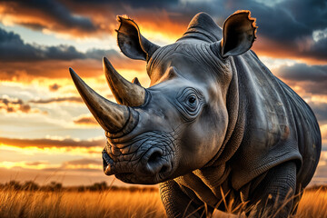 Fototapeta premium A majestic rhino standing in a field during sunset, with the sky serving as a dramatic backdrop.