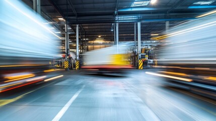 Industrial Loading Zone Blur: Blurred view of a busy factory warehouse entrance with transport trucks