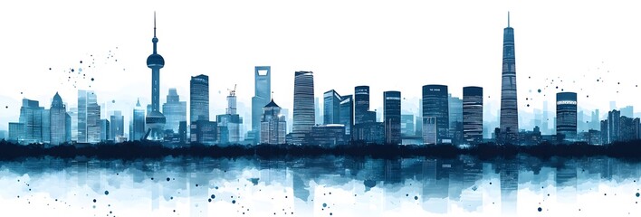 Shanghai Skyline Watercolor Cityscape Reflection