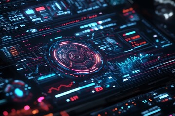 Cryptocurrency coins and digital market data on futuristic screen 