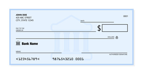 Blank bank check. Generic American cheque template vector design.