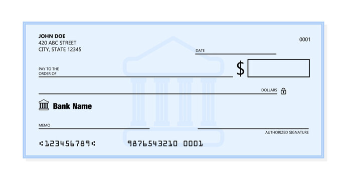 Blank bank check. Generic American cheque template vector design.