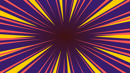 Retro background dynamic rays vector. Sunburst rays speed background. Purple yellow red texture.