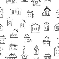Doodle cartoon style home seamless pattern. Hand drawn black white vector illustration background.