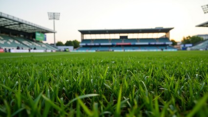 Vivid close-up of green grass with a college stadium in the background under bright daylight, showcasing the beauty of sports fields and outdoor athletic environments