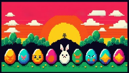 graphic image retro gaming videogame 8bit themed Easter holidays with hand painted and colored eggs for children or to celebrate the day