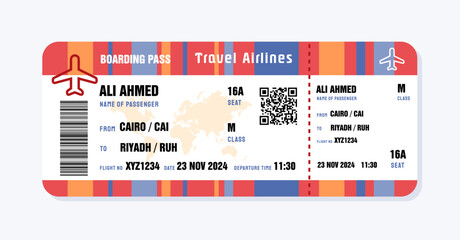 Ticket to Riyadh, Saudi Arabia from Egypt. Boarding pass template with generic data. Travel flight ticket vector illustration with QR code.