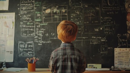 intelligent elementary school kid solving maths problem on chalkboard at classroom, concept of talented, brilliant student and education