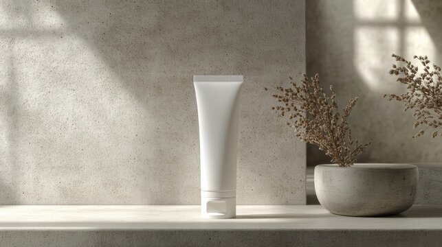 Mockup template of cosmetic tube cream 50ml on gray concrete stone background minimalist with dried flowers. Natural hard lighting and shadows