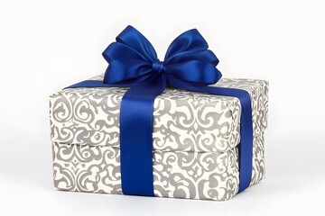 A beautifully wrapped gift box with a blue ribbon and bow, perfect for celebrations.