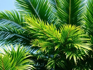 Lush green tropical palm leaves against a blue sky background, foliage, greenery, tropical