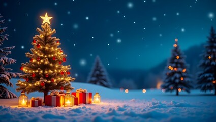 christmas tree in the night with gift and decorations