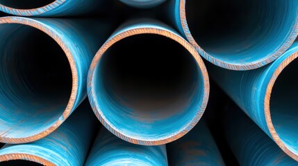 Industrial blue steel pipes formed in s shape warehouse close-up