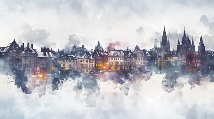 Obraz premium Watercolor illustration of an old city in red and black tones, evoking a cozy atmosphere of the city and Christmas.