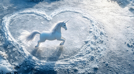 A majestic white unicorn gallops gracefully through a shimmering icy landscape, creating a heart shape in the frozen surface.