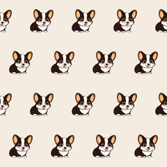 Fototapeta premium Small Cute Corgi Dog Cartoon Character Seamless Pattern Background. Adorable Domestic Pet Puppy Animal Textile Childish Print. Baby Gift Wrapping Paper Decoration Design. Kawaii Dog Portrait. 