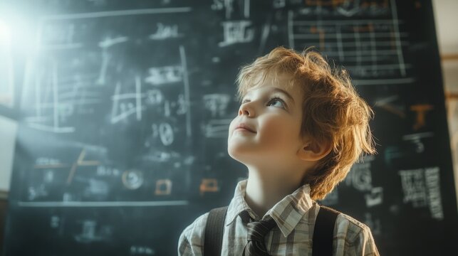 intelligent elementary school kid solving maths problem on chalkboard at classroom, concept of talented, brilliant student and education