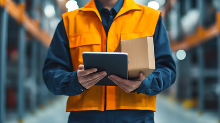 Efficient worker in safety vest using tablet in warehouse environment