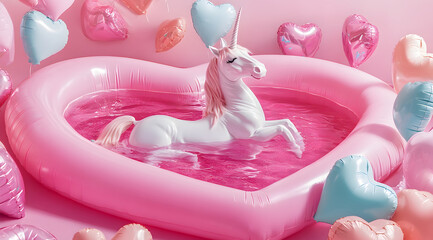 A whimsical scene featuring a unicorn float in a heart-shaped pool surrounded by pastel-colored heart-shaped pillows.