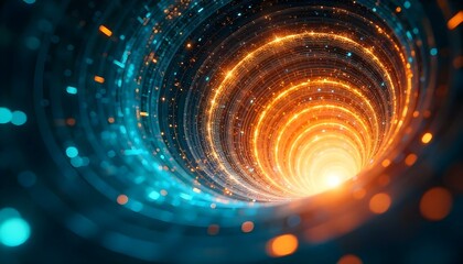 Obraz premium A futuristic blue vortex or portal with concentric rings and flowing lines of digital data or code, illuminated by bright white and teal highlights