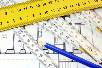 Ruler, plans, keys, pencils. Make a plan for something.