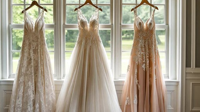 Wedding gowns dangling from a hook