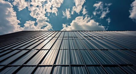 Industrial Steel Roofing Material: Skyline and Clouds Background