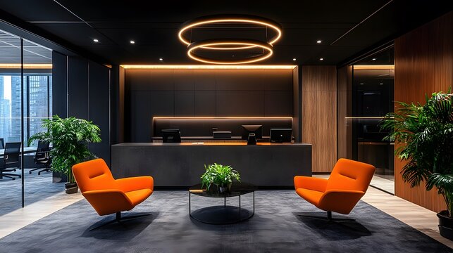 Modern Office Reception Area with Orange Chairs and Dark Decor