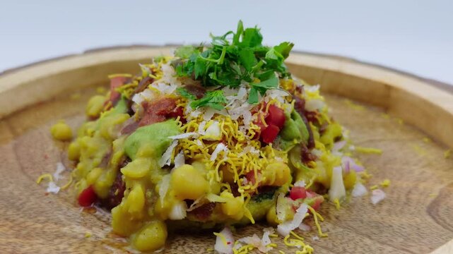 Spicy chaat garnished with sprinkle of coriander