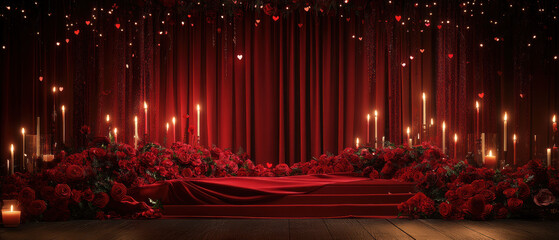 Romantic Valentine's Day Podium Decorated with Red Fabric, Roses, Hearts, and Candles for product presentation