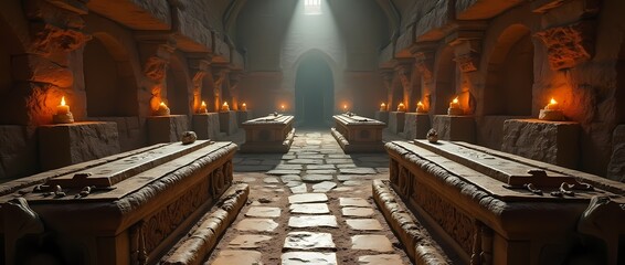 Crypts and stone sarcophagi decorated with carvings, containing the remains of ancient knights and kings