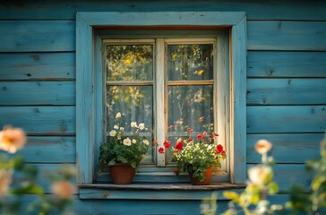 Rustic Blue House Window With Potted Flowers
