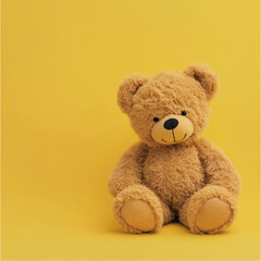 Obraz premium Cute plush bear sitting on an orange background. Soft toy for children. Concept of childhood, toys, softness, coziness. Copy space