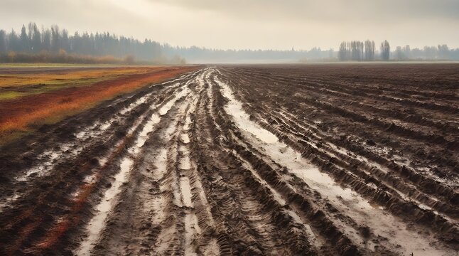 landscape with wheel track on a muddy faild.generative.ai