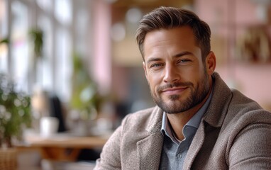 Obraz premium Confident businessman with a suit and a smile in a office background, He looking at the camera