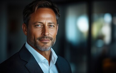 Fototapeta premium Confident businessman with a charming smile in a modern office environment during daytime