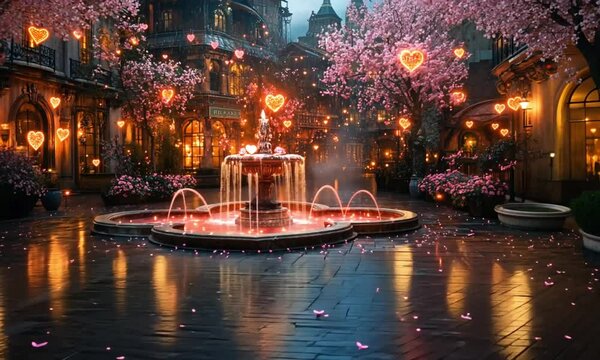 Romantic Parisian Courtyard Illuminated by Heart-Shaped Lights and Cherry Blossoms. Valentine's Day